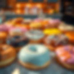 A colorful assortment of donuts in various flavors displayed on a table