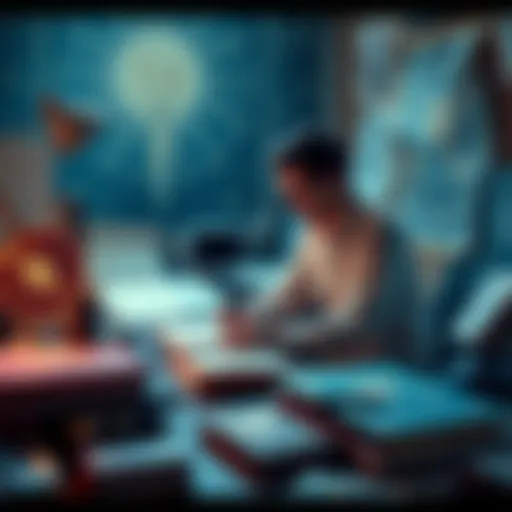 A self-proclaimed astrologist sits at a desk surrounded by star charts and astrological books, looking thoughtful while writing notes.