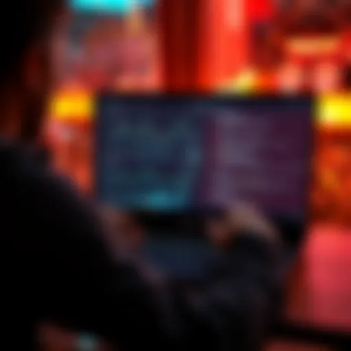 A person working on an ASUS Zenbook laptop, showing performance mods with Ubuntu settings, focused on mining hash rates, with graphs and code on the screen.