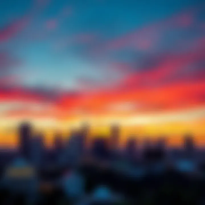 A beautiful view of Atlanta's skyline during sunset, showcasing the city's vibrant buildings and warm colors in the sky.