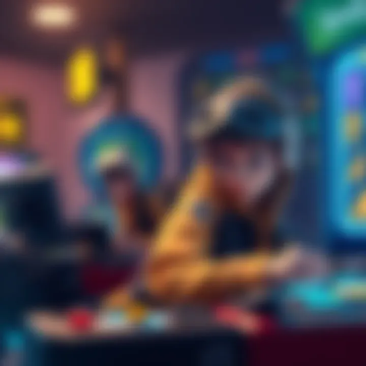 Two game characters working on tasks while resisting tempting in-game purchases in Atlas Arcade