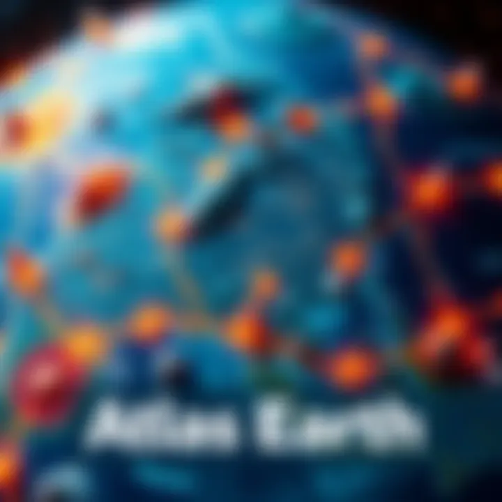 A digital map showcasing various regions of Atlas Earth with highlighted features and points of interest.