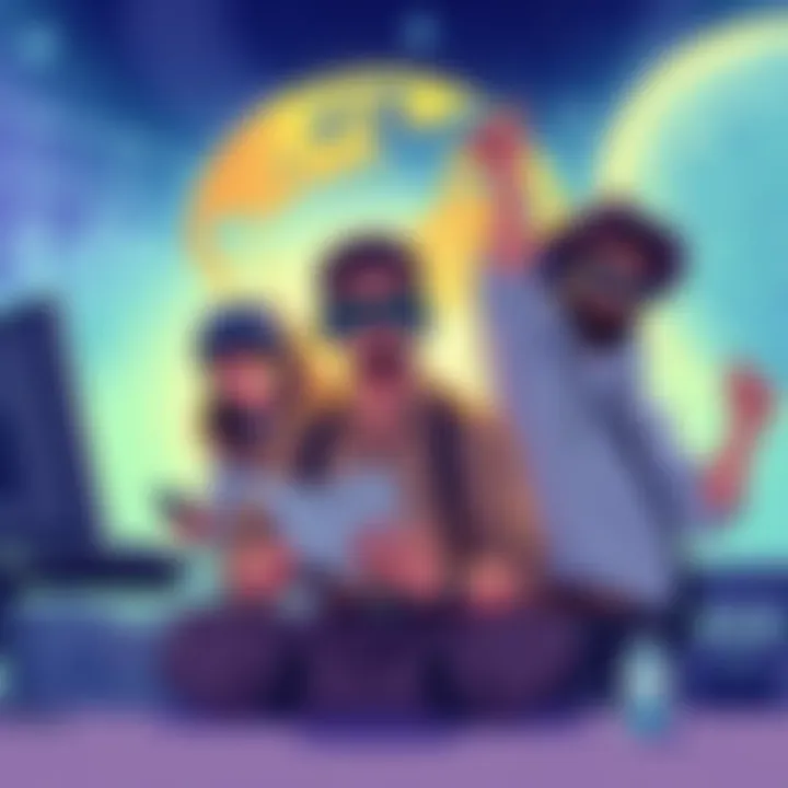 Types of Players in Atlas Earth Illustration showing three types of players in Atlas Earth: a long-term investor analyzing data, a short-term investor checking trends, and a savvy player celebrating earnings.