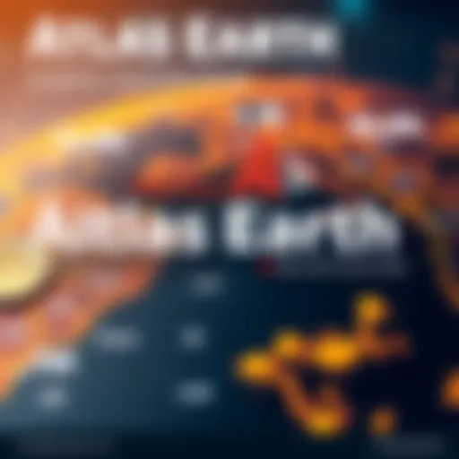 A summary graphic showing key statistics for Atlas Earth including parcels, badges, and earnings, with visuals of a digital map and coins, representing growth over one year.