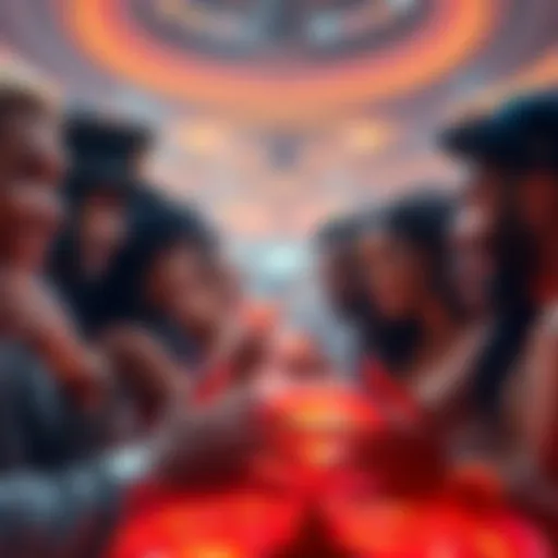 A group of diverse Atlas Earthlings exchanging stories about their best and worst diamond spins, with excitement and disappointment visible on their faces.