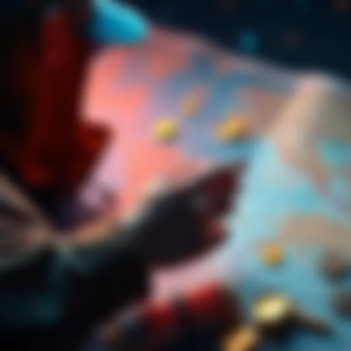 A person using a smartphone to earn Atlas Bucks in an adventure app, surrounded by maps and coins