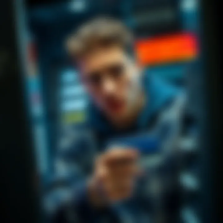 A person withdrawing cash at an ATM looking anxious and disturbed, representing the aftermath of theft, holding their debit card tightly.