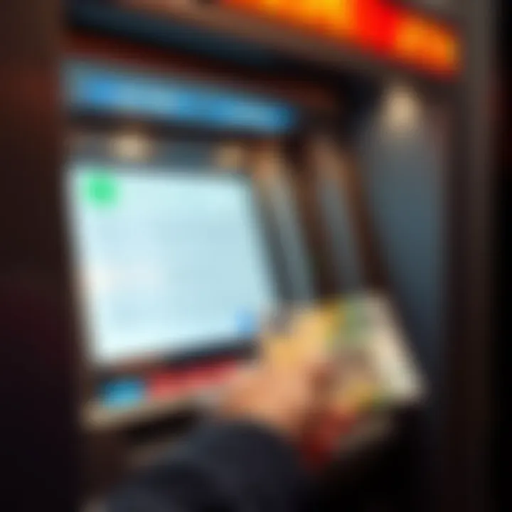 A person withdrawing cash from an ATM in Portugal with a Euro note in hand, showing the screen displaying withdrawal options.