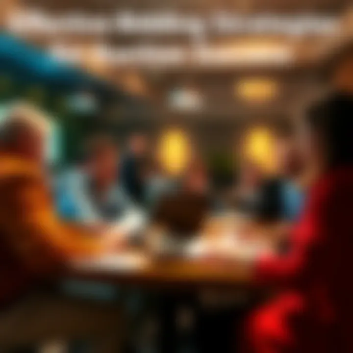 People at an auction table discussing their bidding strategies with laptops and papers.