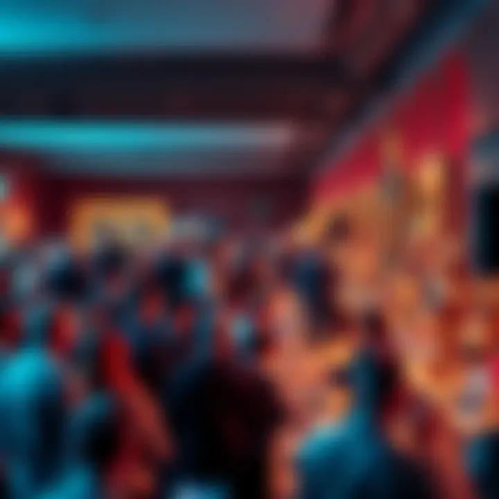 People gathered at an auction displaying various items for bidding