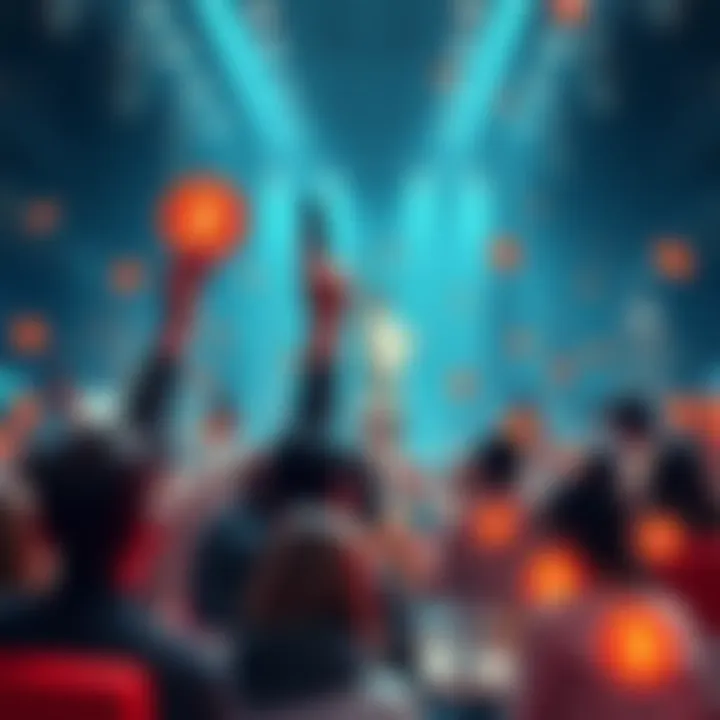 Individuals participating in an auction, raising tokens to bid on famous landmarks.