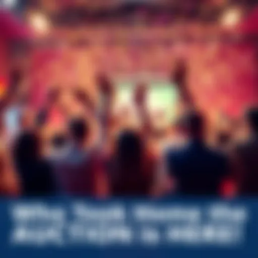A group of happy people celebrating the auction winner with raised hands and confetti in the air