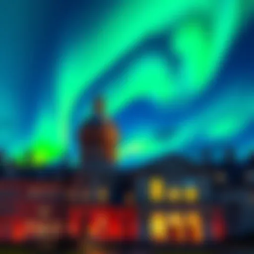 Colorful aurora lights shining over Trinity College Dublin's historic buildings at night