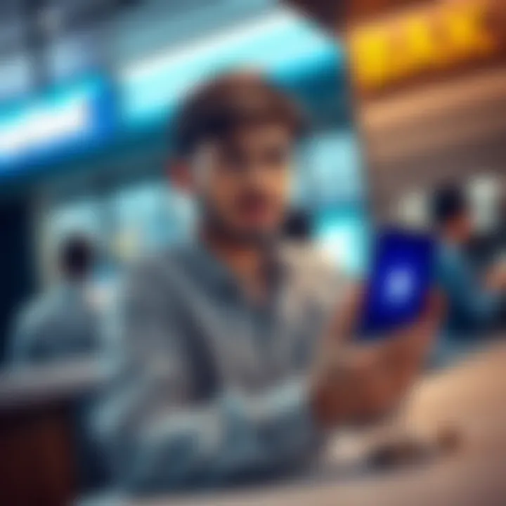 A person at a bank counter looking concerned while holding cash and a cryptocurrency logo on their phone