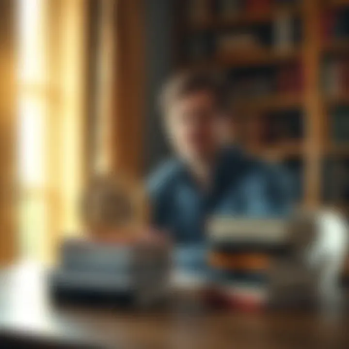 An author sitting at a table with a stack of books and a Bitcoin icon, showing a direct sales approach to readers.