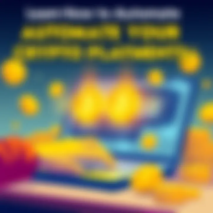 Automated Crypto Payments Illustration of a person setting up automated cryptocurrency payments on a laptop with digital wallet icons and dollar signs around