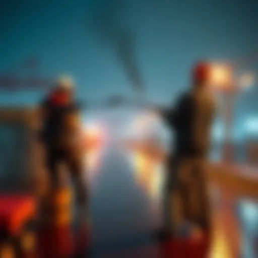 AE player avatars seen in an industrial park, showing interaction between players in an unusual setting.