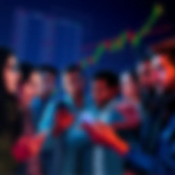 Average Crypto Investor Reactions A group of diverse people reacting to a cryptocurrency price chart, showing expressions of excitement and frustration. Some look at their phones while others discuss among themselves about market tren...