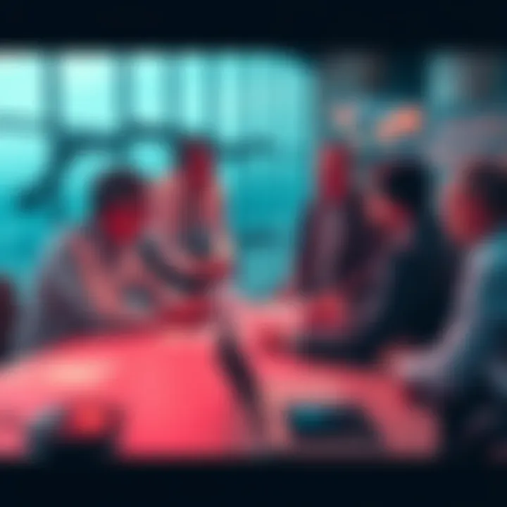 A group of aviation investors and experts gathered around a table discussing Neuron's 4DSKY application, with charts and documents on the table.