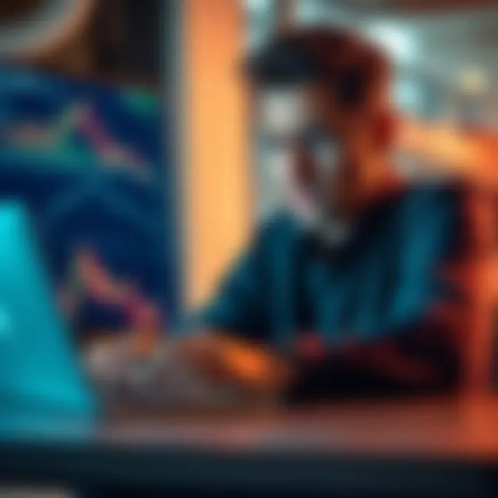 A person looking worried while checking cryptocurrency charts on a laptop, with a focus on declining graphs to represent risks of leverage trading