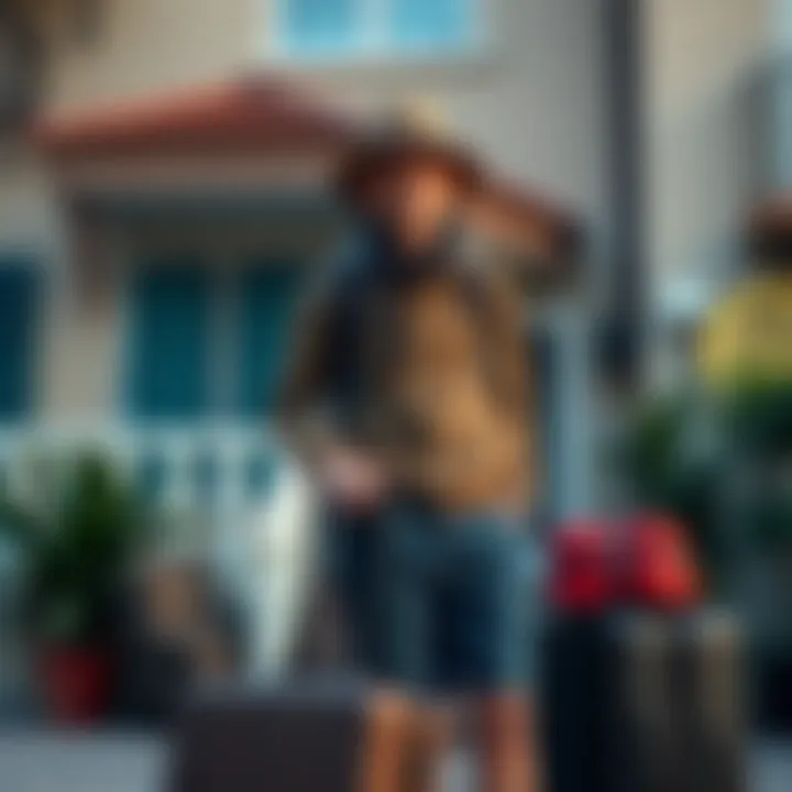 A backpacker stands with a sad expression, holding their luggage in front of a rental property, symbolizing a scam experience.