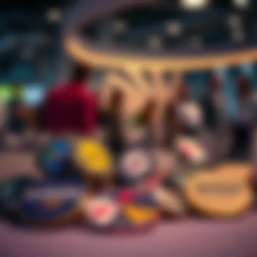 A collection of various colorful badges showcasing achievements and milestones, stacked on a table with a blurred background of people engaging in discussions.