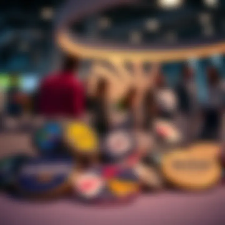 A collection of various colorful badges showcasing achievements and milestones, stacked on a table with a blurred background of people engaging in discussions.