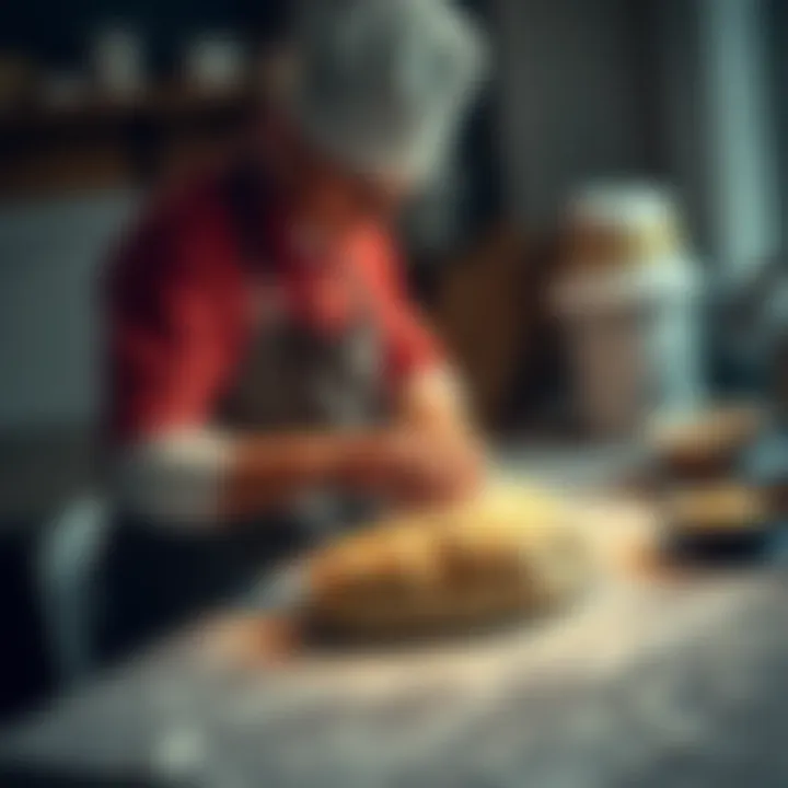 A novice baker kneading dough on a countertop, with flour scattered around and a bowl of ingredients nearby