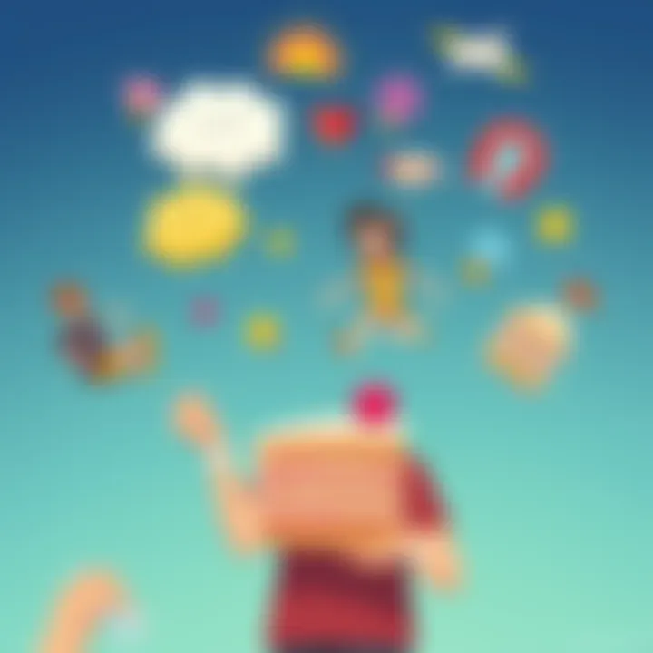 A playful illustration showing a person juggling colorful dream icons and responsibilities while holding a slice of cake, symbolizing calorie intake