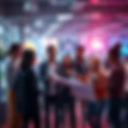 A group of diverse people discussing plans and ideas for a new project in a modern workspace, emphasizing collaboration amid excitement and caution about hype.