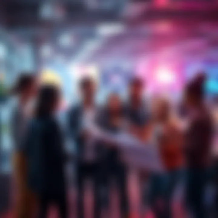 A group of diverse people discussing plans and ideas for a new project in a modern workspace, emphasizing collaboration amid excitement and caution about hype.