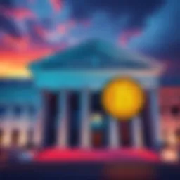 A large bank building with a Bitcoin symbol prominently displayed at the entrance, indicating the bank's acceptance of cryptocurrency.