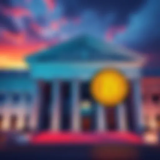 A large bank building with a Bitcoin symbol prominently displayed at the entrance, indicating the bank's acceptance of cryptocurrency.