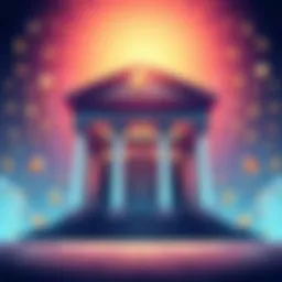 An illustration of a modern bank building surrounded by symbols of currency, representing financial transactions and rewards.