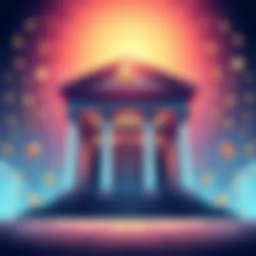 An illustration of a modern bank building surrounded by symbols of currency, representing financial transactions and rewards.