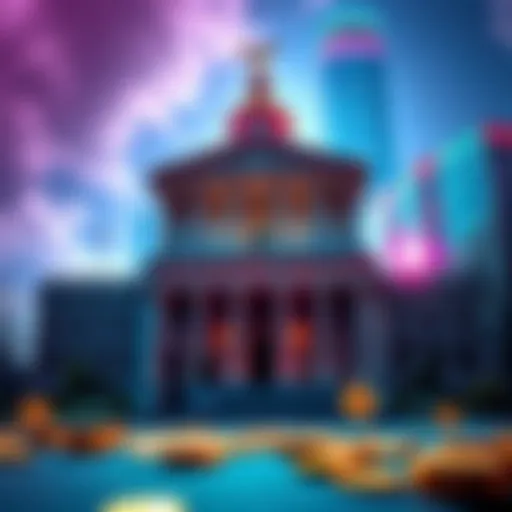 A visual representation of banks and cryptocurrency merging, showcasing digital coins alongside traditional bank buildings.