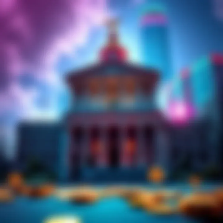 A visual representation of banks and cryptocurrency merging, showcasing digital coins alongside traditional bank buildings.