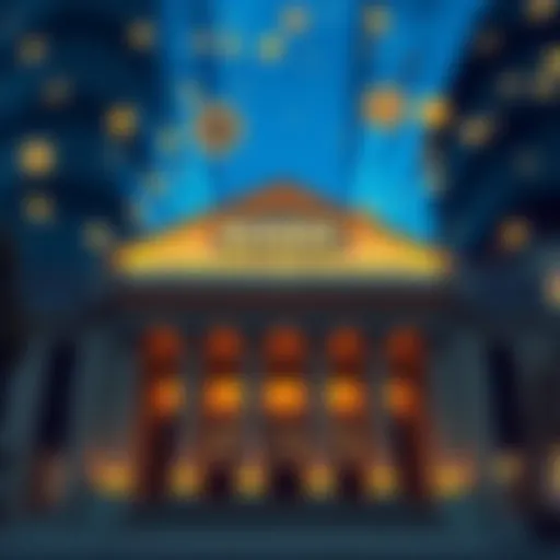 A modern bank building with symbols of cryptocurrency like Bitcoin and Ethereum displayed prominently.