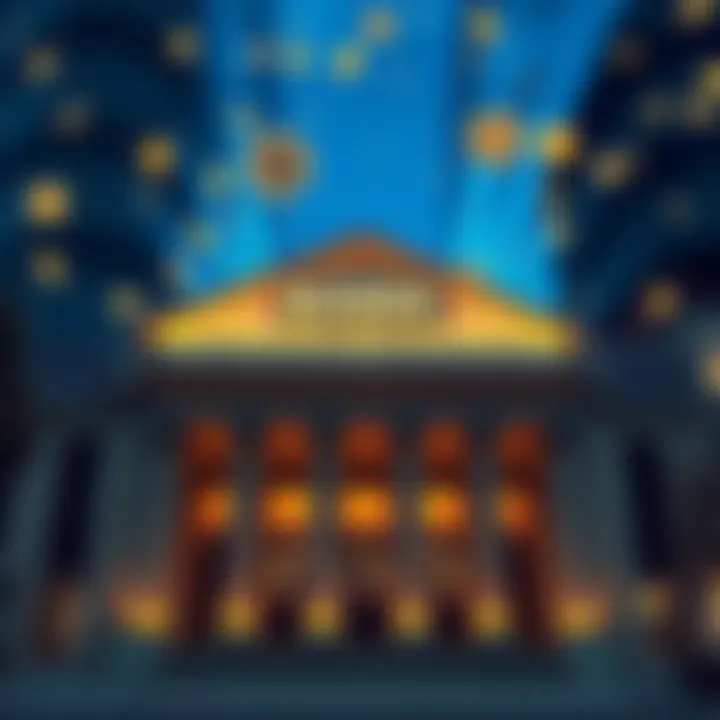 A modern bank building with symbols of cryptocurrency like Bitcoin and Ethereum displayed prominently.