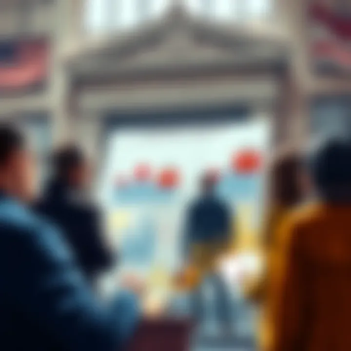 A group of people discussing in front of a bank with charts showing yield-bearing stablecoins versus traditional banking, highlighting the tension between innovation and banking regulations.