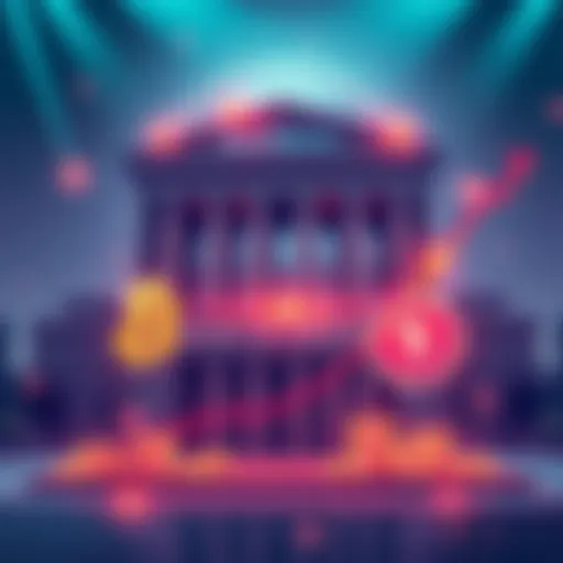 An illustration of a bank building with cryptocurrency symbols, showing an upward trend in investment growth.