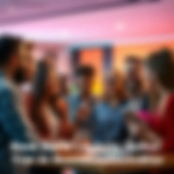 A group of diverse people engaged in lively discussions about Bank Social's new DeRec feature, showcasing excitement and interest in the community trial.
