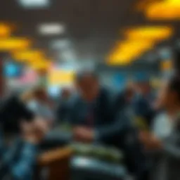 A bank teller counting cash in a bank surrounded by worried customers looking on