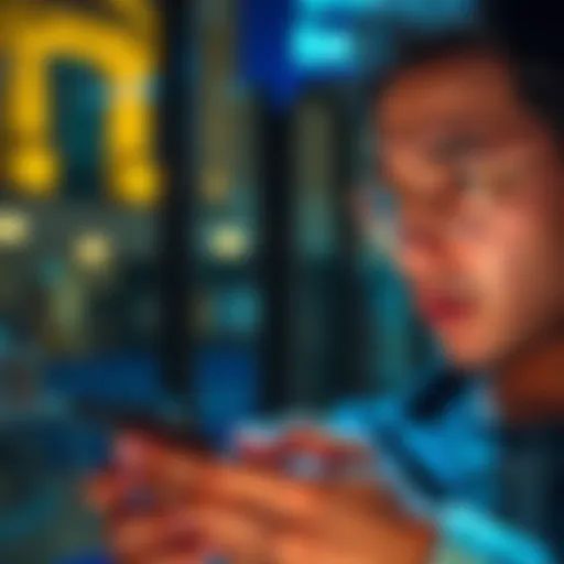 A person looking worried while checking their bank app, showing a withdrawal status of 'Pending'.