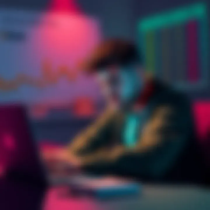 A person looking frustrated while using a laptop to transfer funds, with bank fee charts in the background.