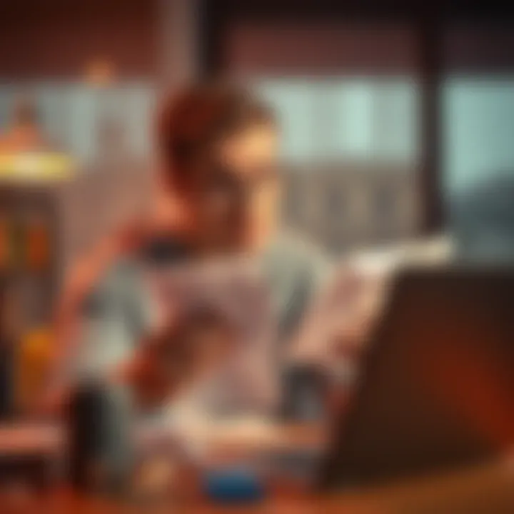 A person sits at a table with confused expression, looking at bank statements and a laptop, trying to resolve a bank transfer issue