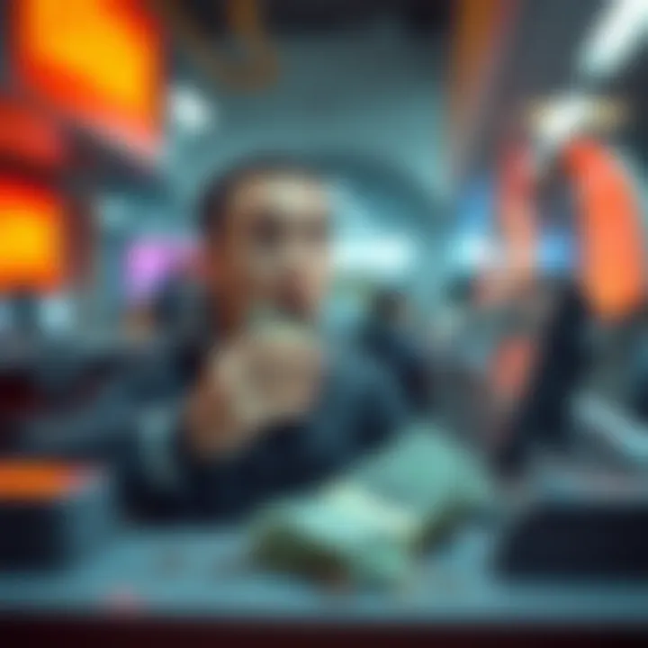 A person at a bank counter looking surprised while holding cash instead of quarters