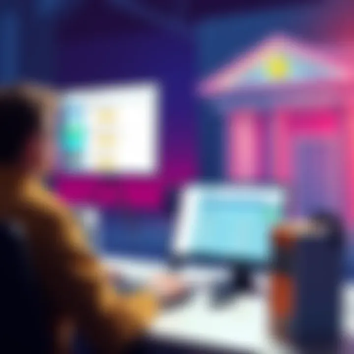 A person sitting at a computer, viewing Coinbase withdrawal options with a bank in the background.