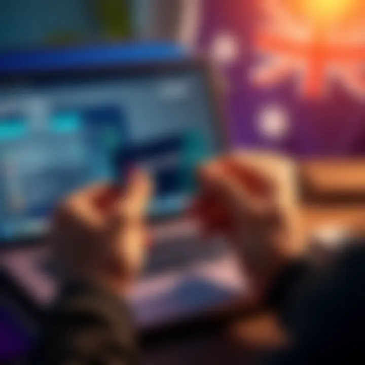 A person holds a Revolut debit card while looking at a laptop screen displaying banking options, with an Australian flag in the background.