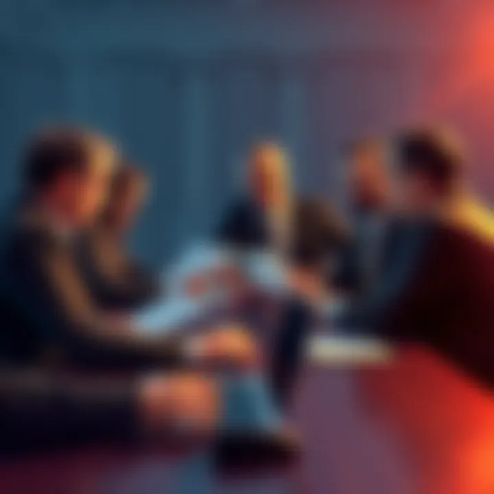 A group of bankers discussing regulations with documents on a table, symbolizing resistance to stablecoin rules.
